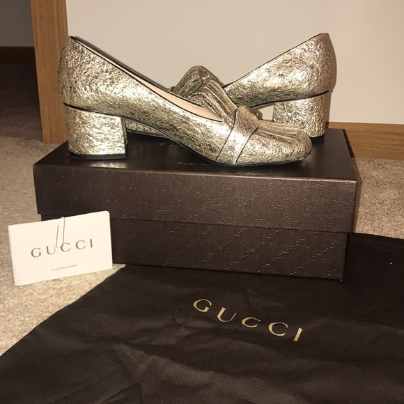 Gucci Shoes - Gucci Marmont fringed metallic mid pump loafers